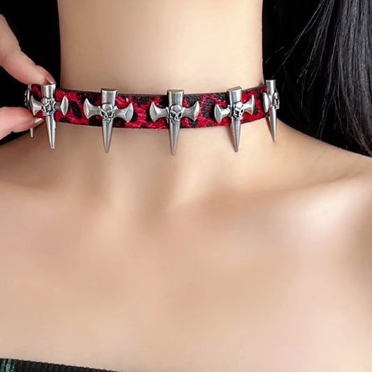 Punk Gothic Wine Red Leopard Print Heart/Cross Choker Necklace