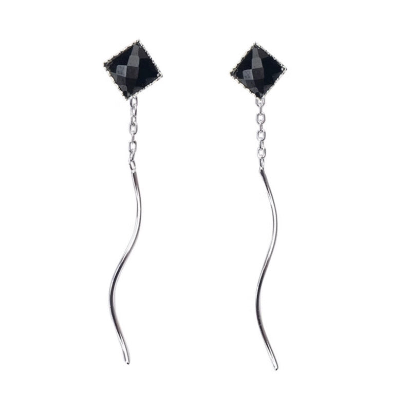 S925 Silver Thread Elegant Wave Black Square Agate Earrings