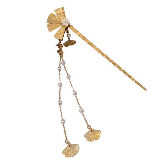 Chinese Style Gold Fan Floral Tassel Hairpin