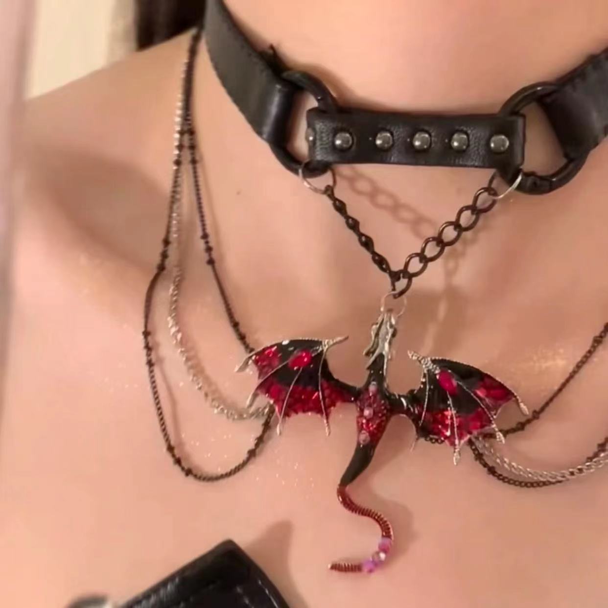 Y2K Gothic Punk Red Dragon Tassel Black Leather Choker Necklace