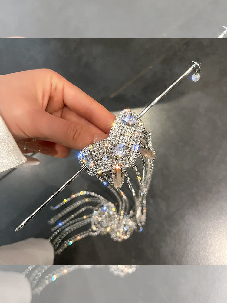 Chic Shining Rhinestone Women Heart-shaped Hairpin with Super Long Tassel