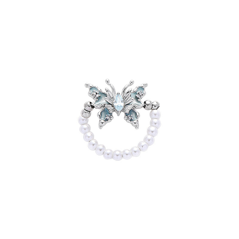 Sweet Blue Butterfly & Pearl Beaded Open Ring