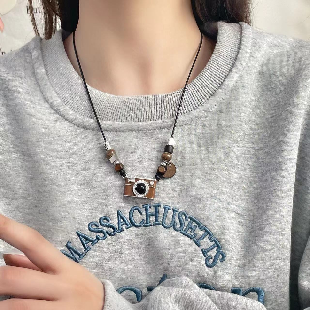 Y2K Brown Cute Camera Beads Adjustable Necklace