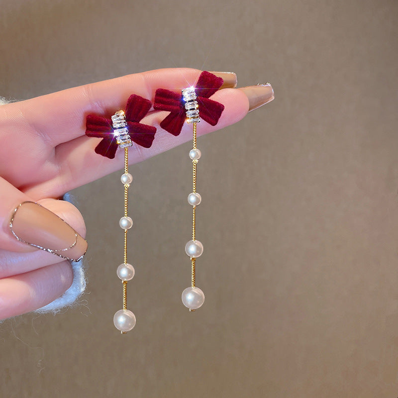 Cute Sweet Long Velvet Bow Pearl Earrings with Fringe