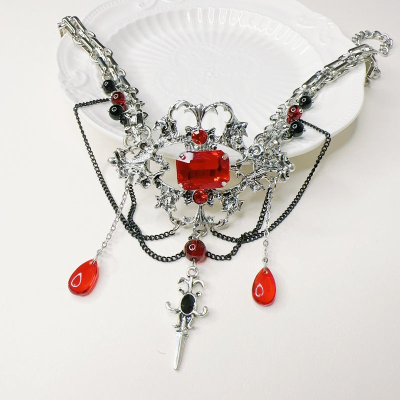 Y2K Gothic Red Rhinestone Beads Choker Necklace