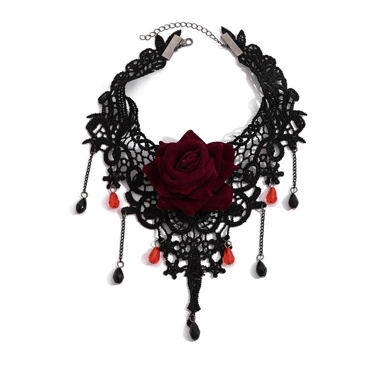 Gothic Girl Lace Red Rose Tassel Choker Necklace