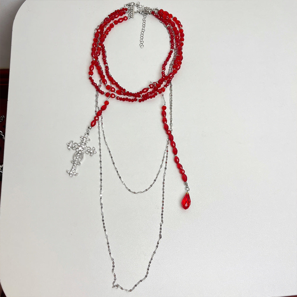 Gothic Girl Red Beads Cross Layered Necklace Choker