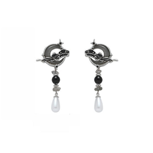 Chinese Style Designer Moon & Cloud Pearl Drop Earring