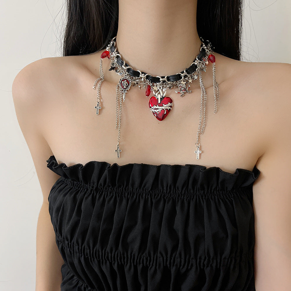 Y2K Spicy Girl Chic Red Heart Tassel Choker Necklace