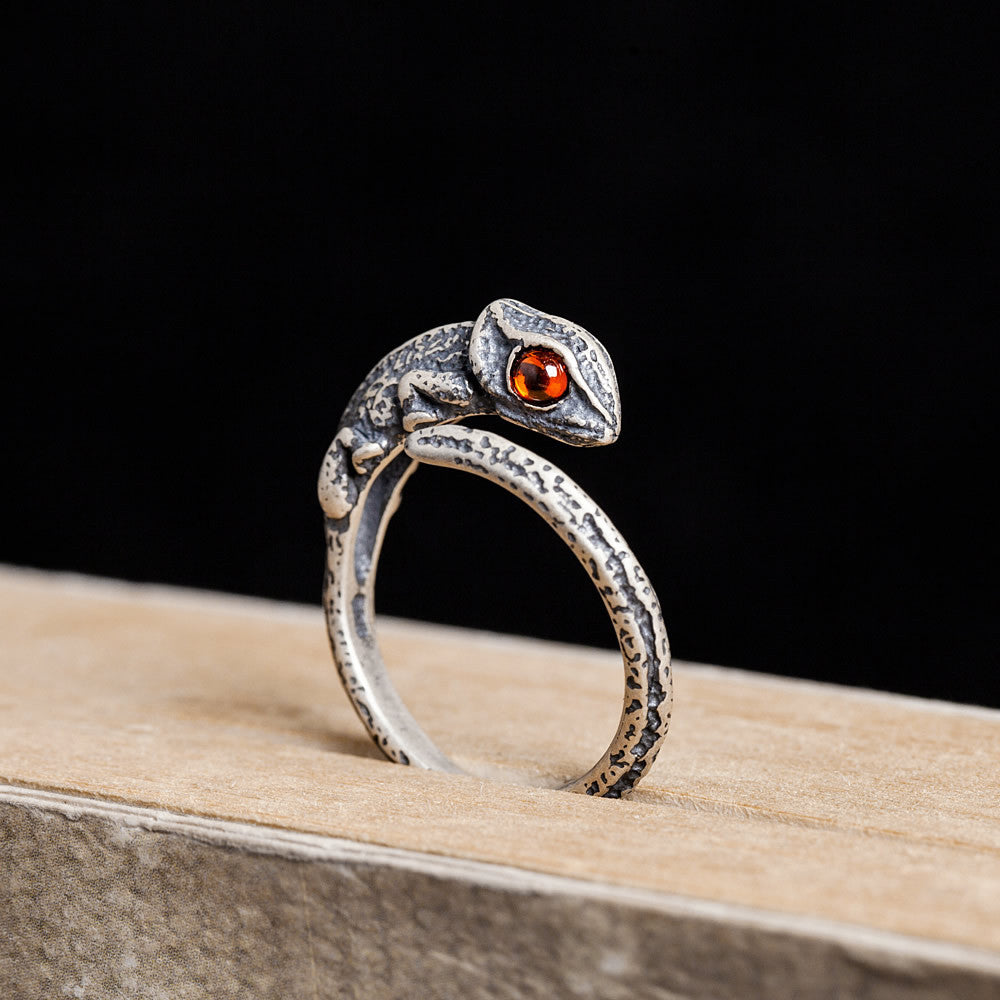 Vintage Unisex S925 Silver Lizard Red Eye Open Ring