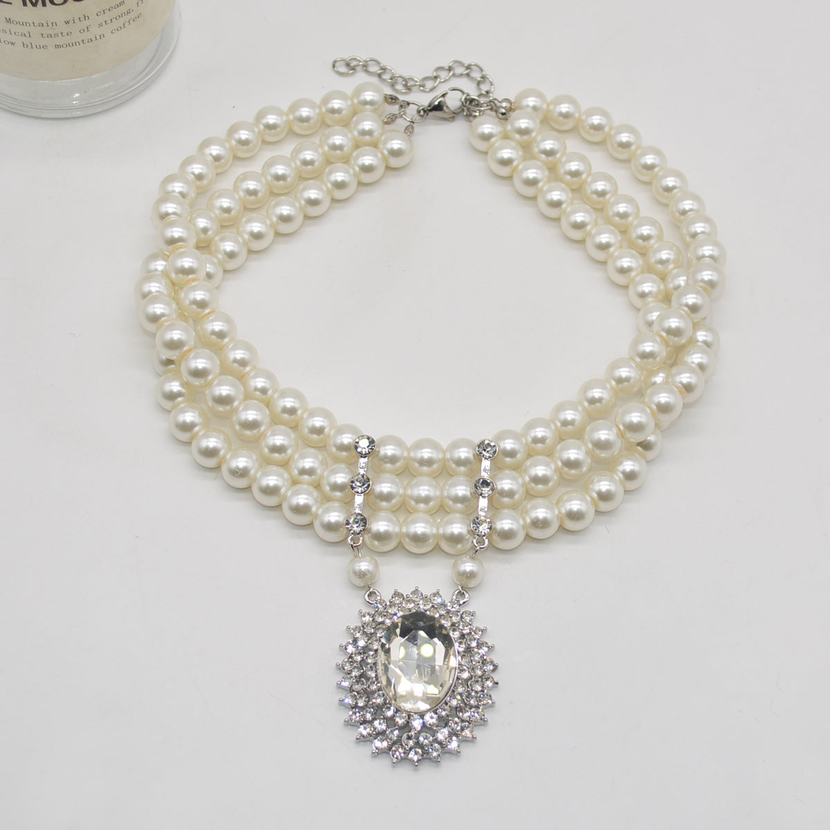 Vintage Gorgeous Large Oval Rhinestone Pearl Multi-strand Necklace