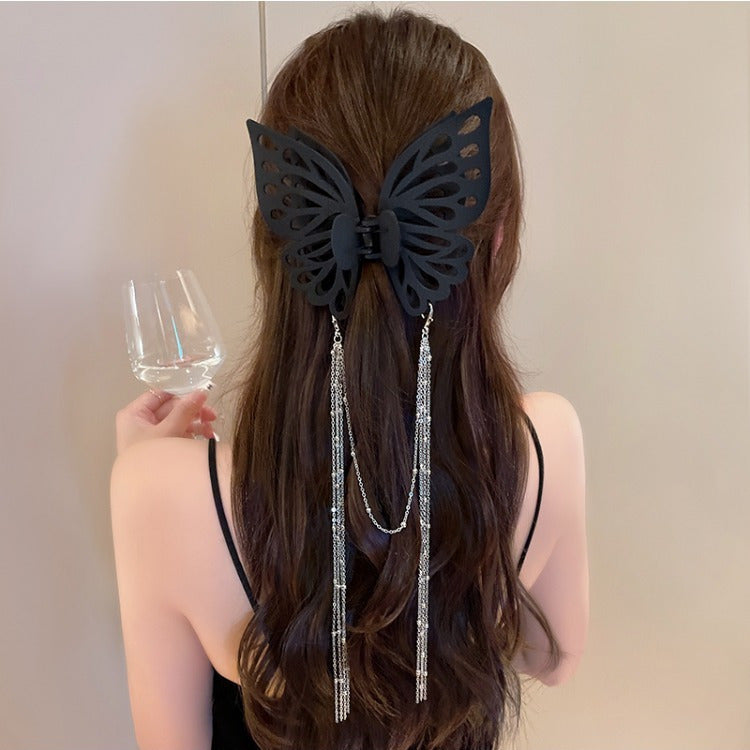 Black Gorgeous Large Resin Butterfly Hair Pin with Long Tassel