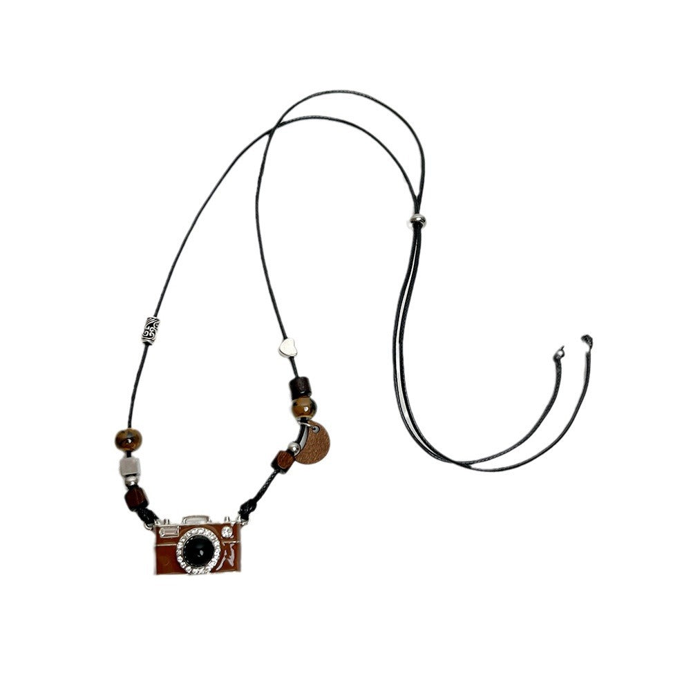 Y2K Brown Cute Camera Beads Adjustable Necklace