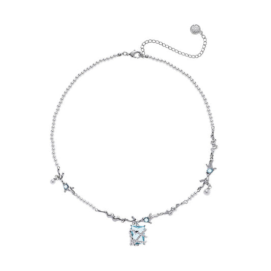 Sweet Girl Blue Square Cube Pearl Necklace