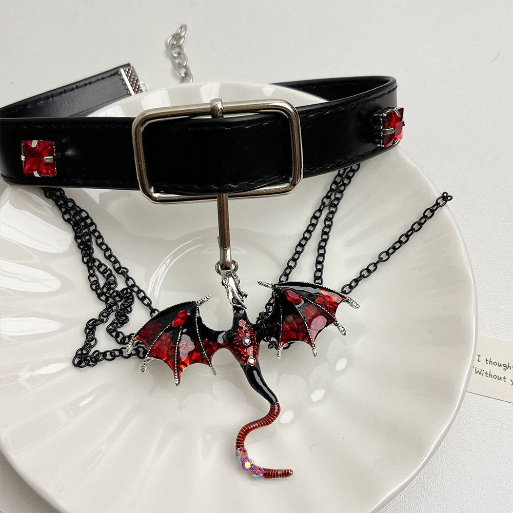 Y2K Gothic Punk Red Dragon Tassel Black Leather Choker Necklace