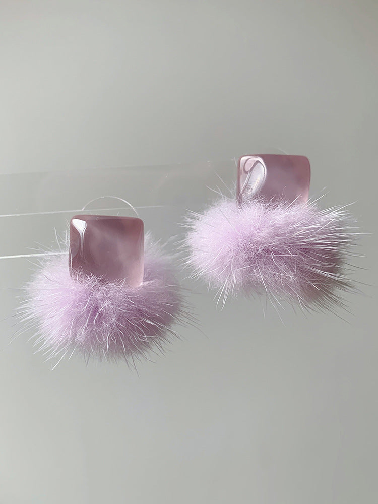 Girl Sweet Warm Purple Fluffy Ball Stud Earring