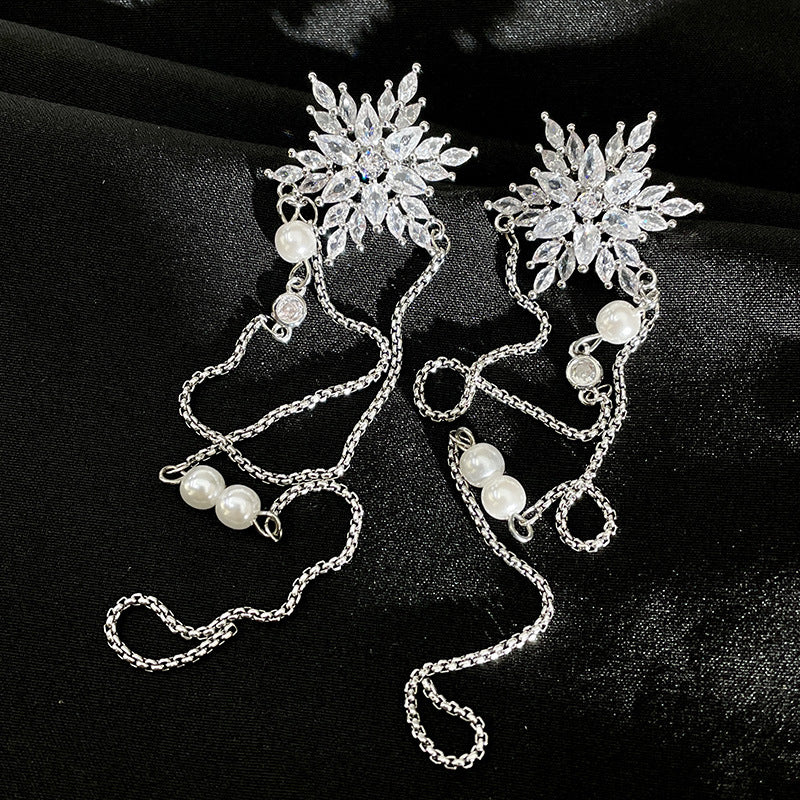 Snow Flower Rhinestone Long Tassel Pearl Ear Cuff