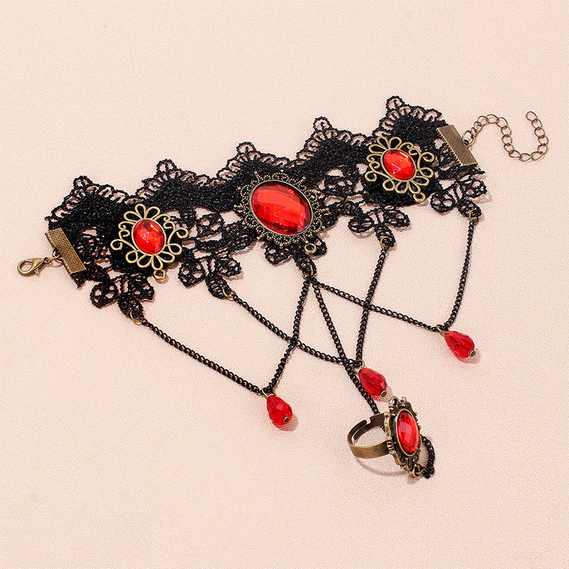 Designer Vintage Party Gothic Lace Red Rhinestone Necklace Bracelet Earring