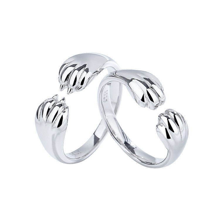 S925 Sterling Silver Cat Paw Stamp Couple Ring