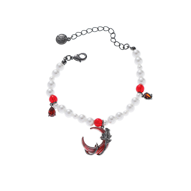 Dark Red Half Moon & Black Rose Pearl Bracelet