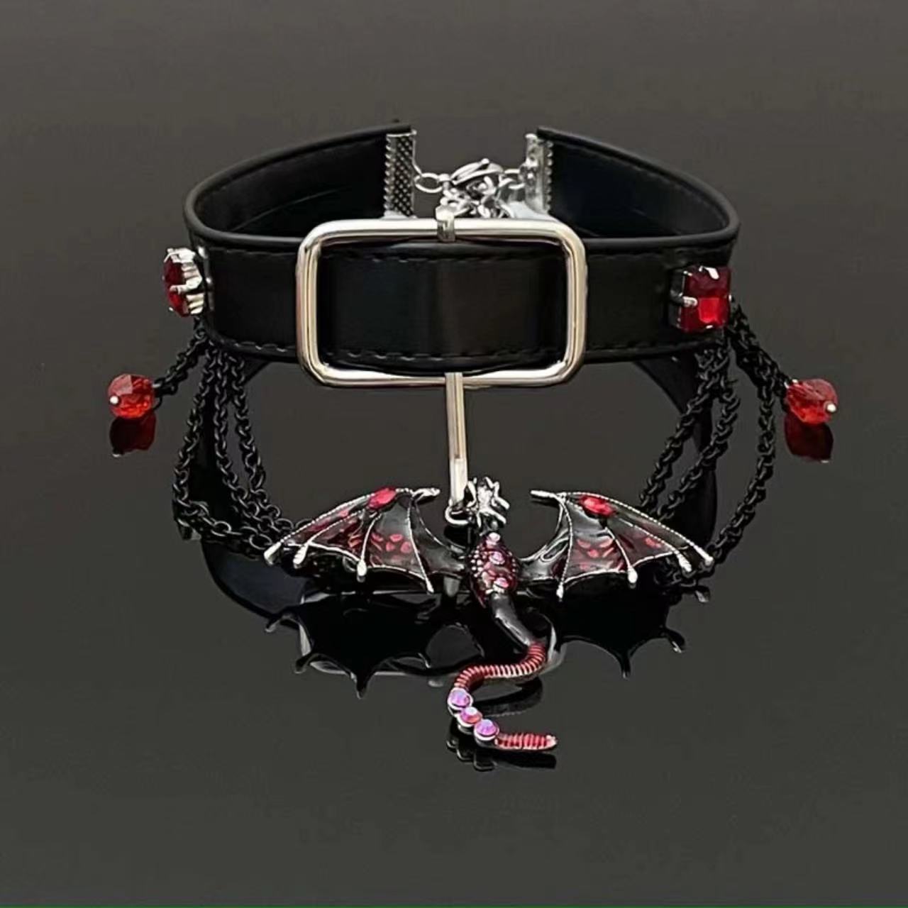 Y2K Gothic Punk Red Dragon Tassel Black Leather Choker Necklace