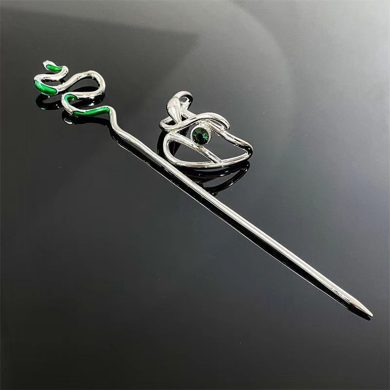 Slytherin Designer Silver Snake with Green Crystal Hairpin