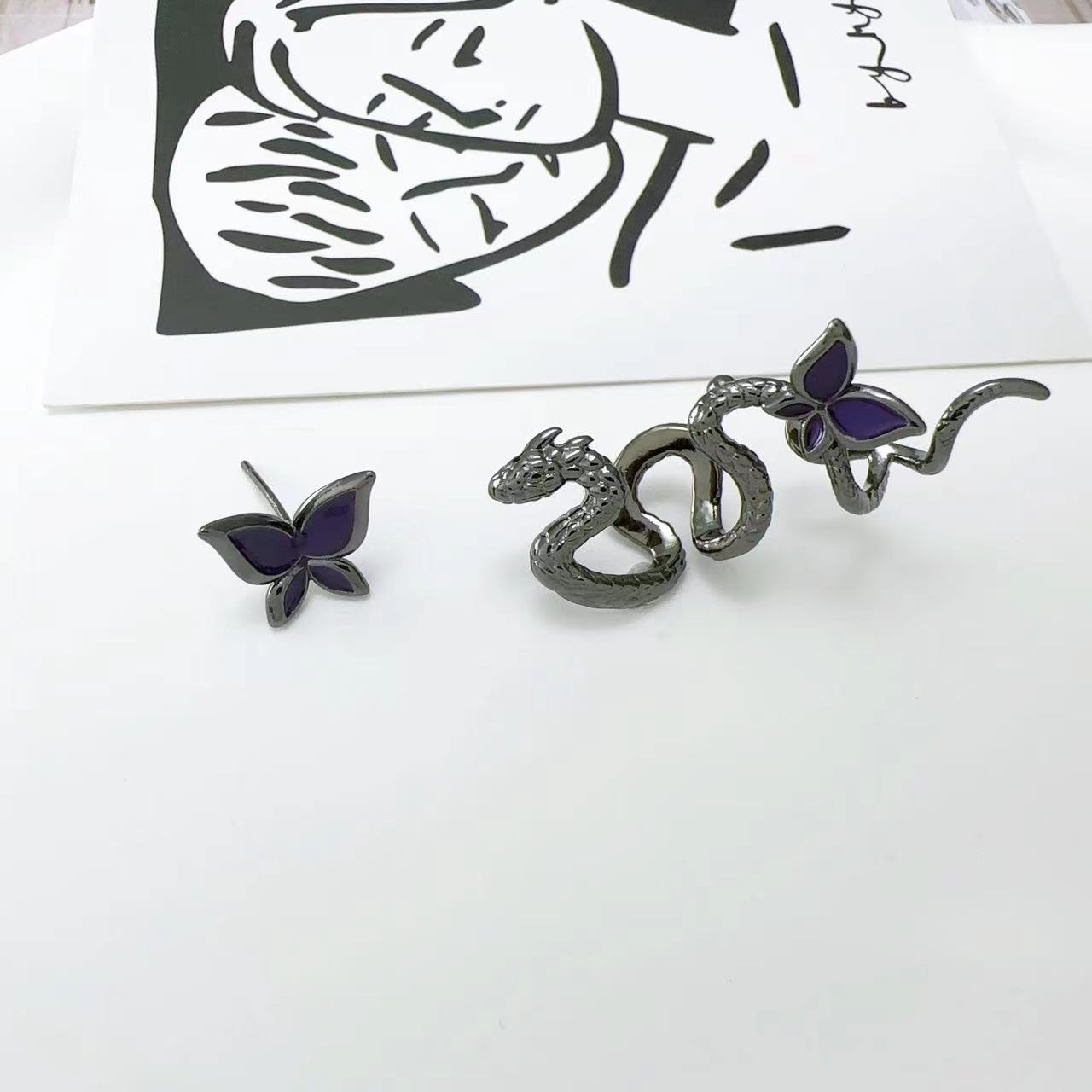 Premium Purple Butterfly Snake Asymmetrical Earrings