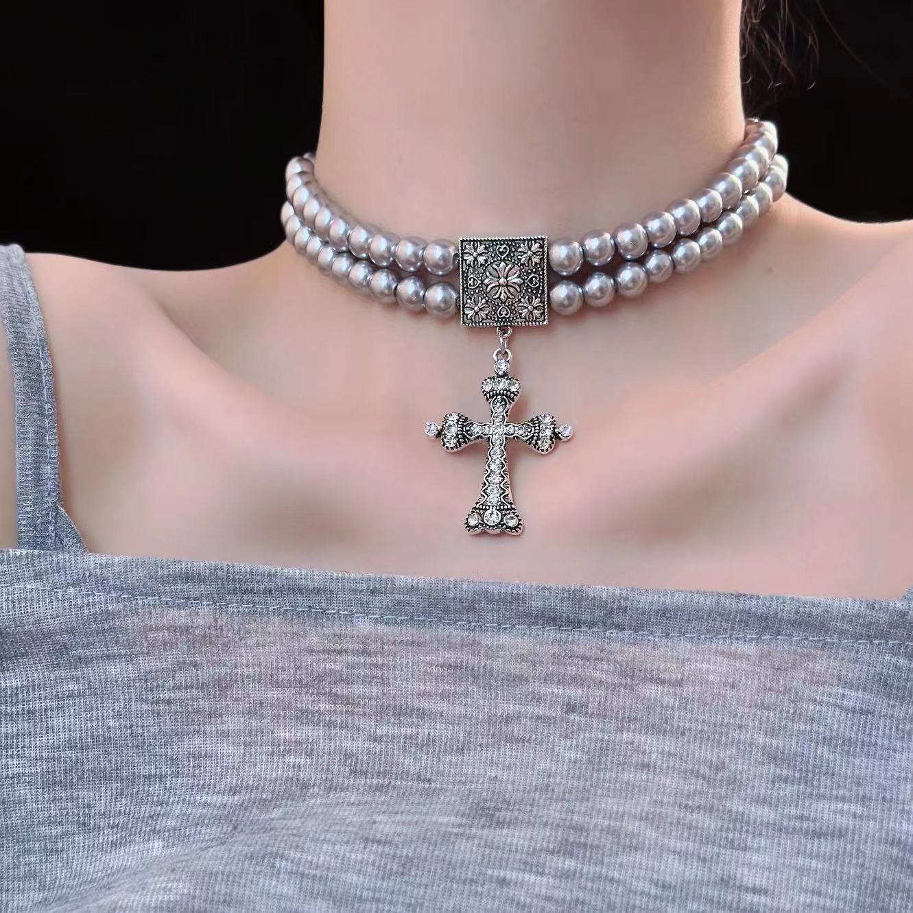 Vintage Silver Cross Double Layered Pearl Choker Necklace