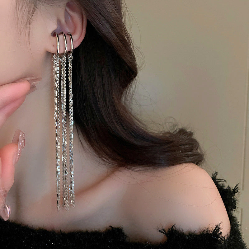 Women Elegant Metal Three-layer Long Tassel Ear Cuff (without piercing)