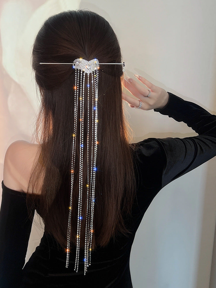 Chic Shining Rhinestone Women Heart-shaped Hairpin with Super Long Tassel