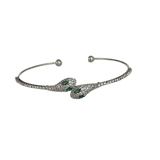 Snake Rhinestone Green Eye Shining Silver Bracelet