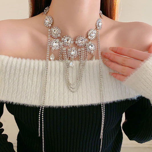 Women Gorgeous Rhinestone Flower  Long Tassel Necklace