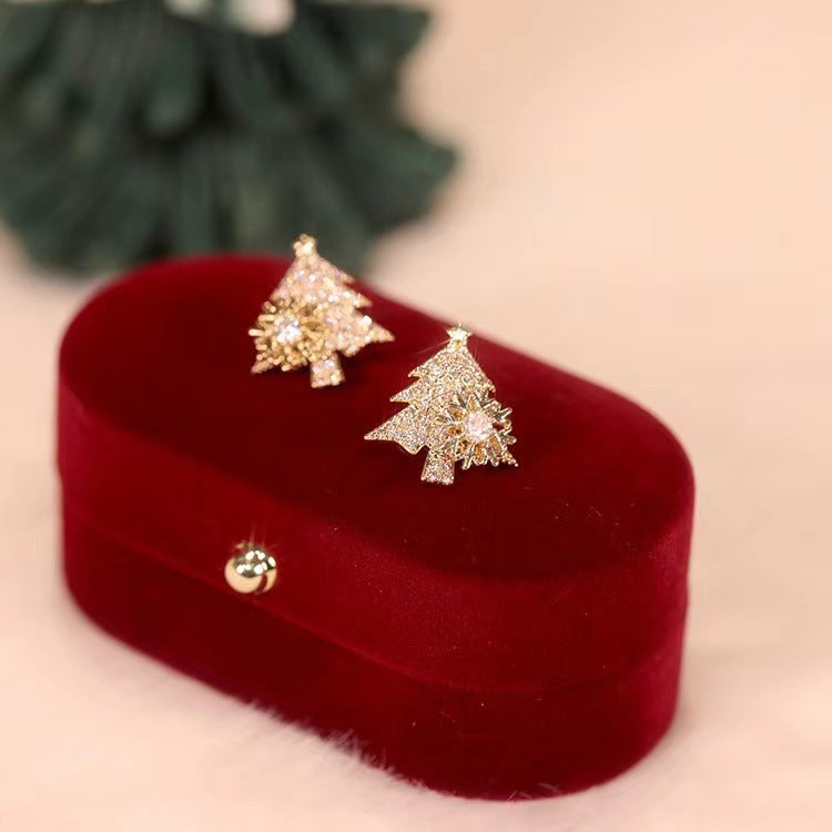 Designer Golden Rotatable Rhinestone Christmas Tree Stud Earring