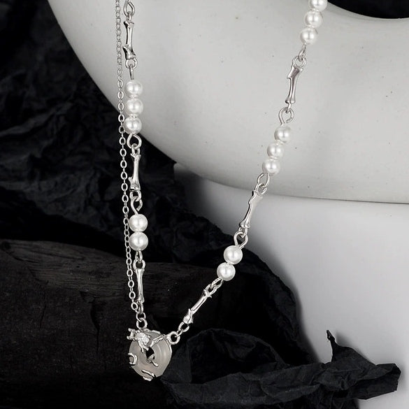 S925 Silver Women Elegant White Round Jade Shell Pearl Necklace