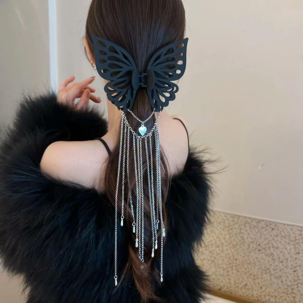 Black Butterfly Shining Rhinestone Tassel Hair Clip