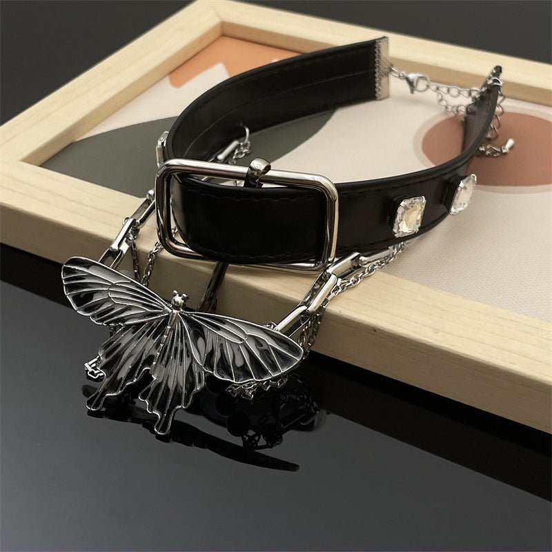 Y2K Black Fancy Butterfly Beaded Leather Choker