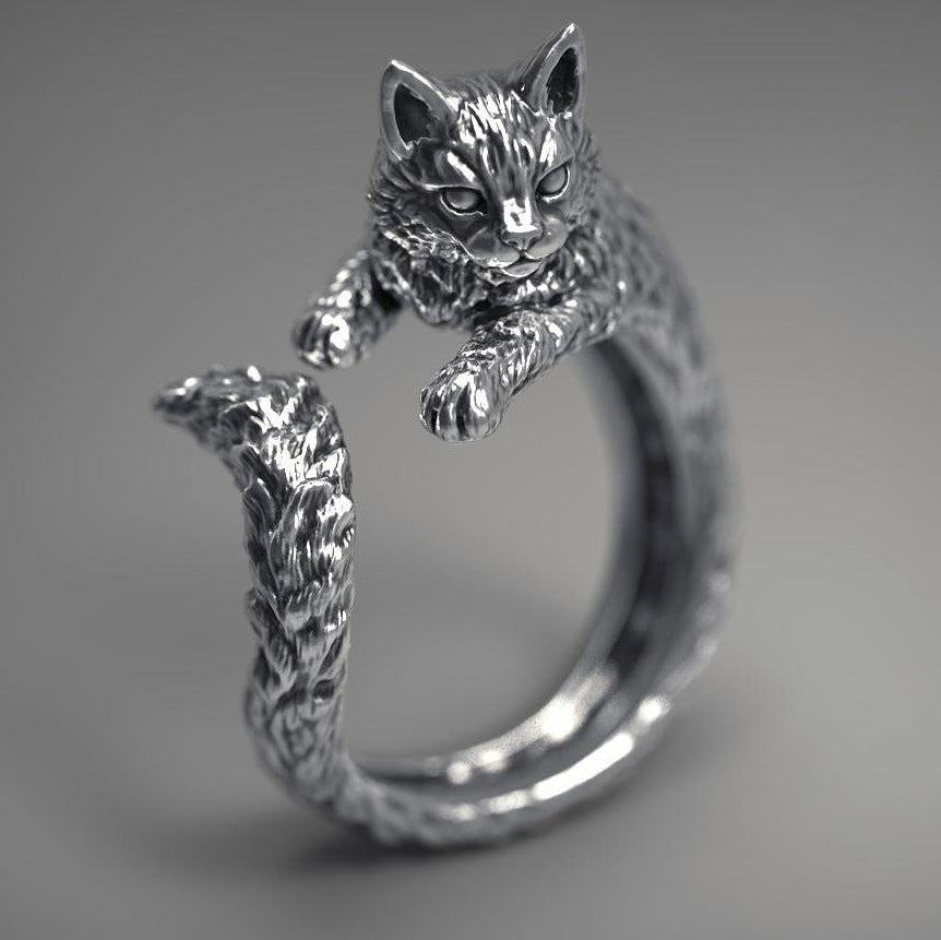 Unisex Silver Cute Retro Cat Open-end Ring