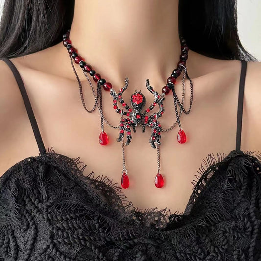 Punk Gothic Women Chic Red Spider Bead Necklace