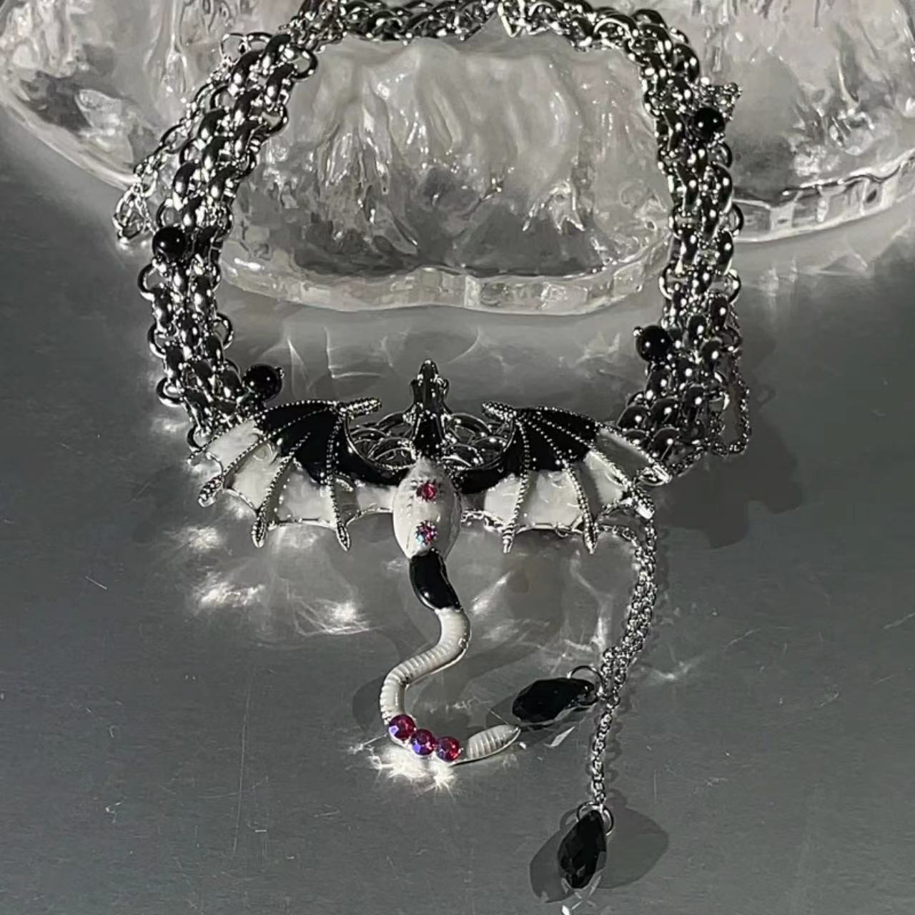 Punk Silver Fly Dragon Rhinestone Tassel Choker Necklace