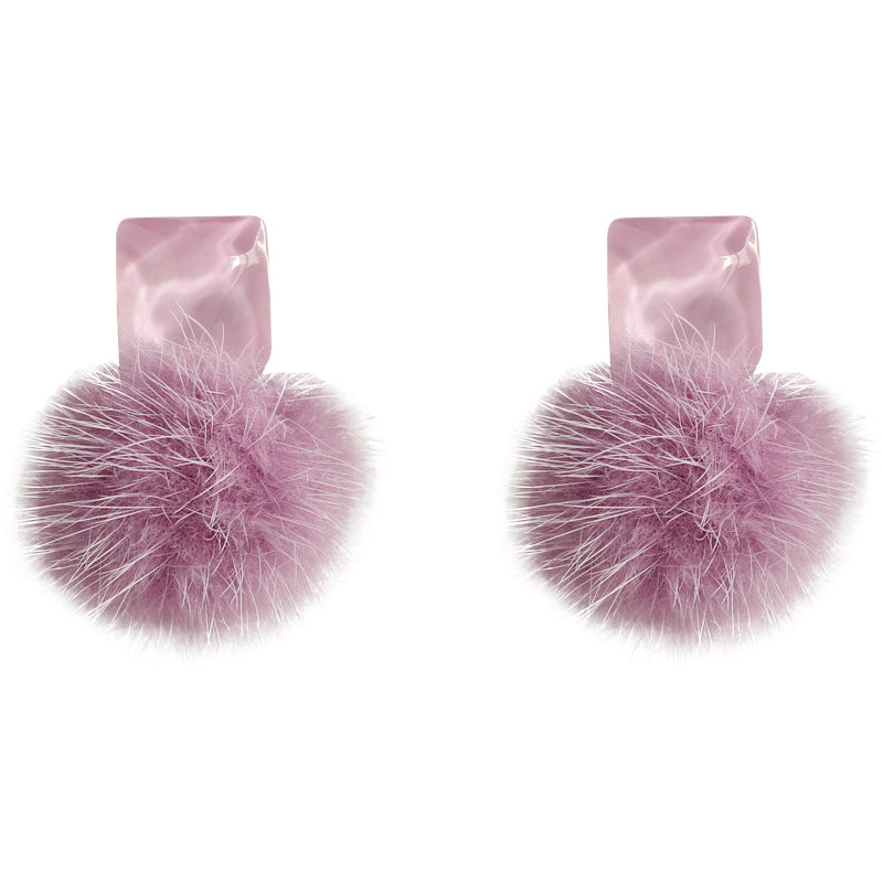 Girl Sweet Warm Purple Fluffy Ball Stud Earring