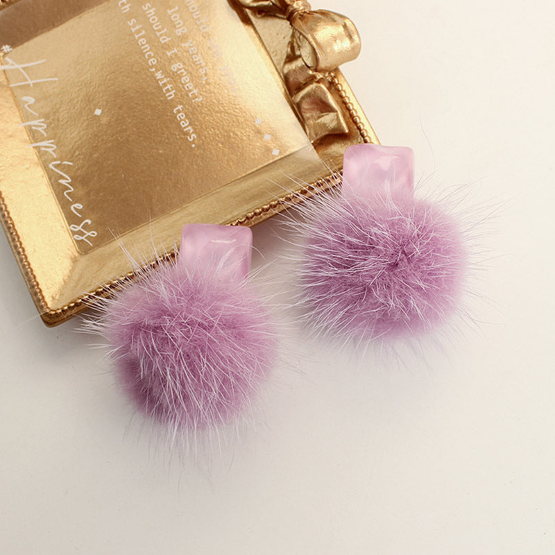 Girl Sweet Warm Purple Fluffy Ball Stud Earring