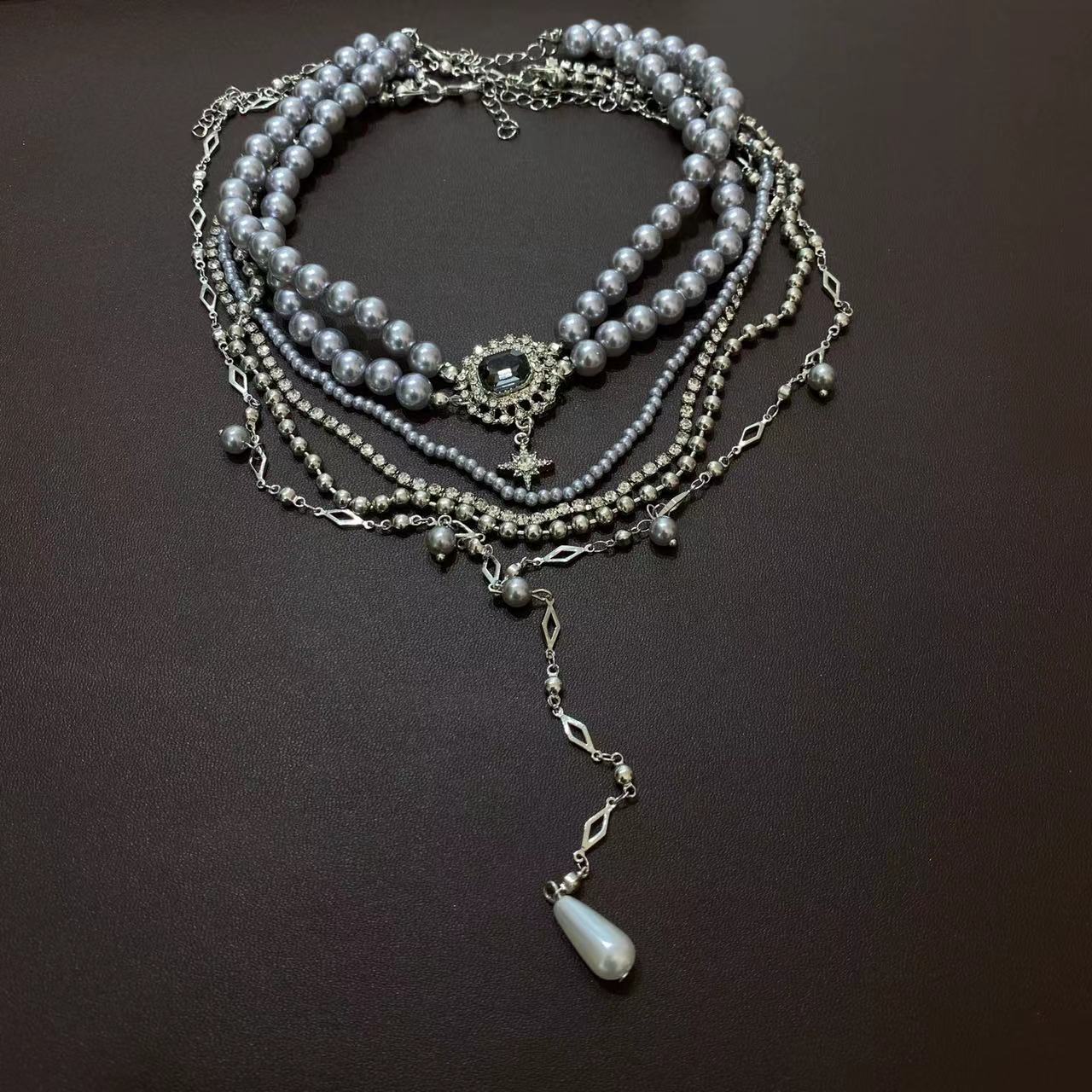 Square Zircon Silver Gray Pearl Multi-layer Necklace