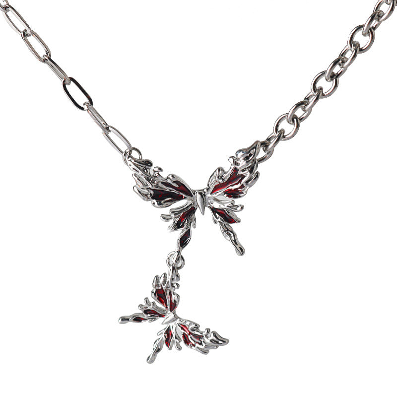 Gothic Two Red Butterfly Metal Necklace