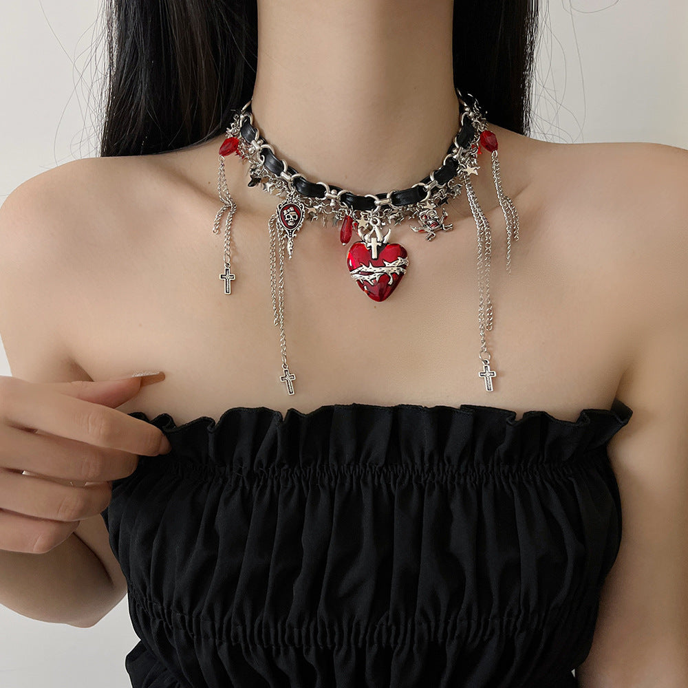 Y2K Spicy Girl Chic Red Heart Tassel Choker Necklace