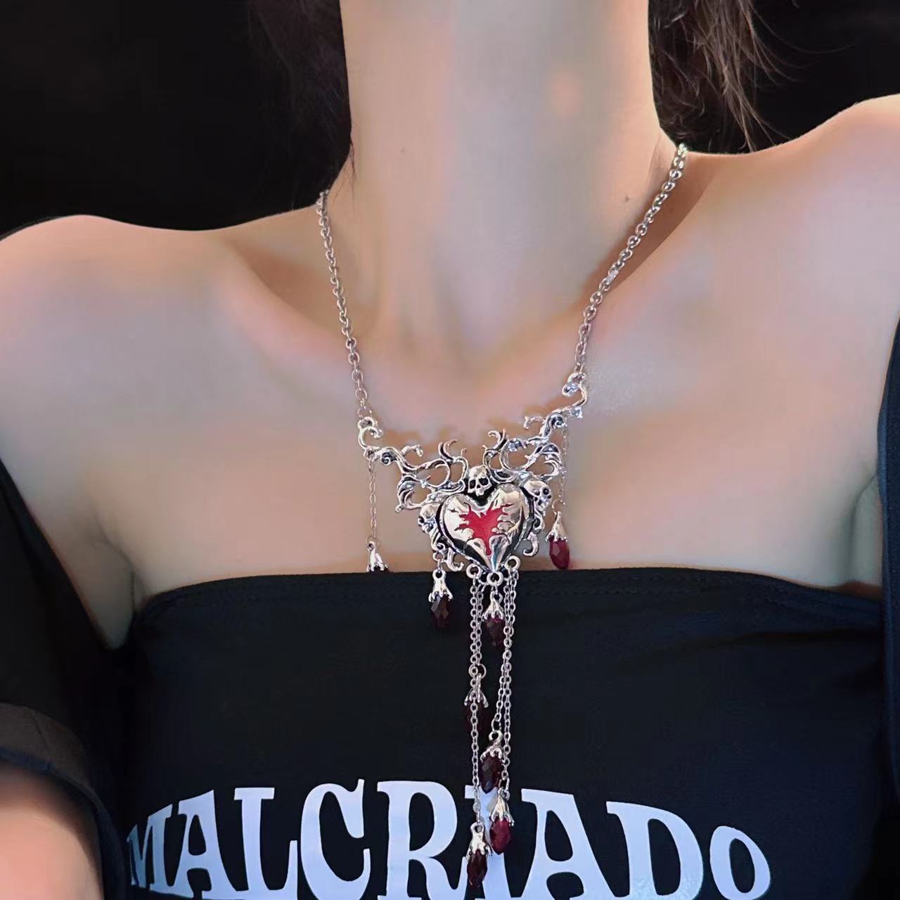 Punk Style Skull Heart Tassel Spicy Girl Necklace