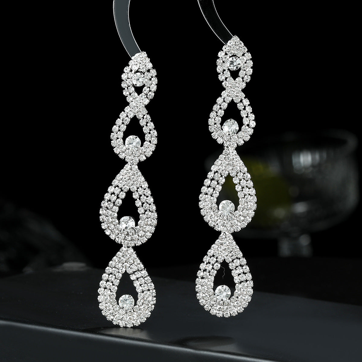 Women Water Drop Shaped Fully-jewelled Long Earrings