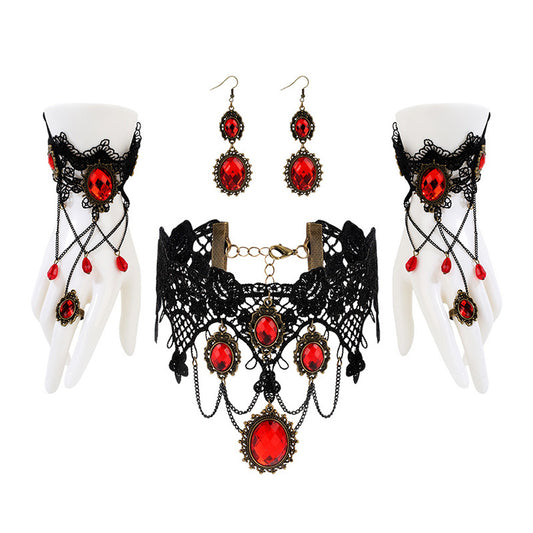 Designer Vintage Party Gothic Lace Red Rhinestone Necklace Bracelet Earring