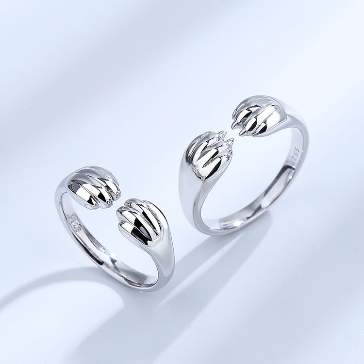 S925 Sterling Silver Cat Paw Stamp Couple Ring