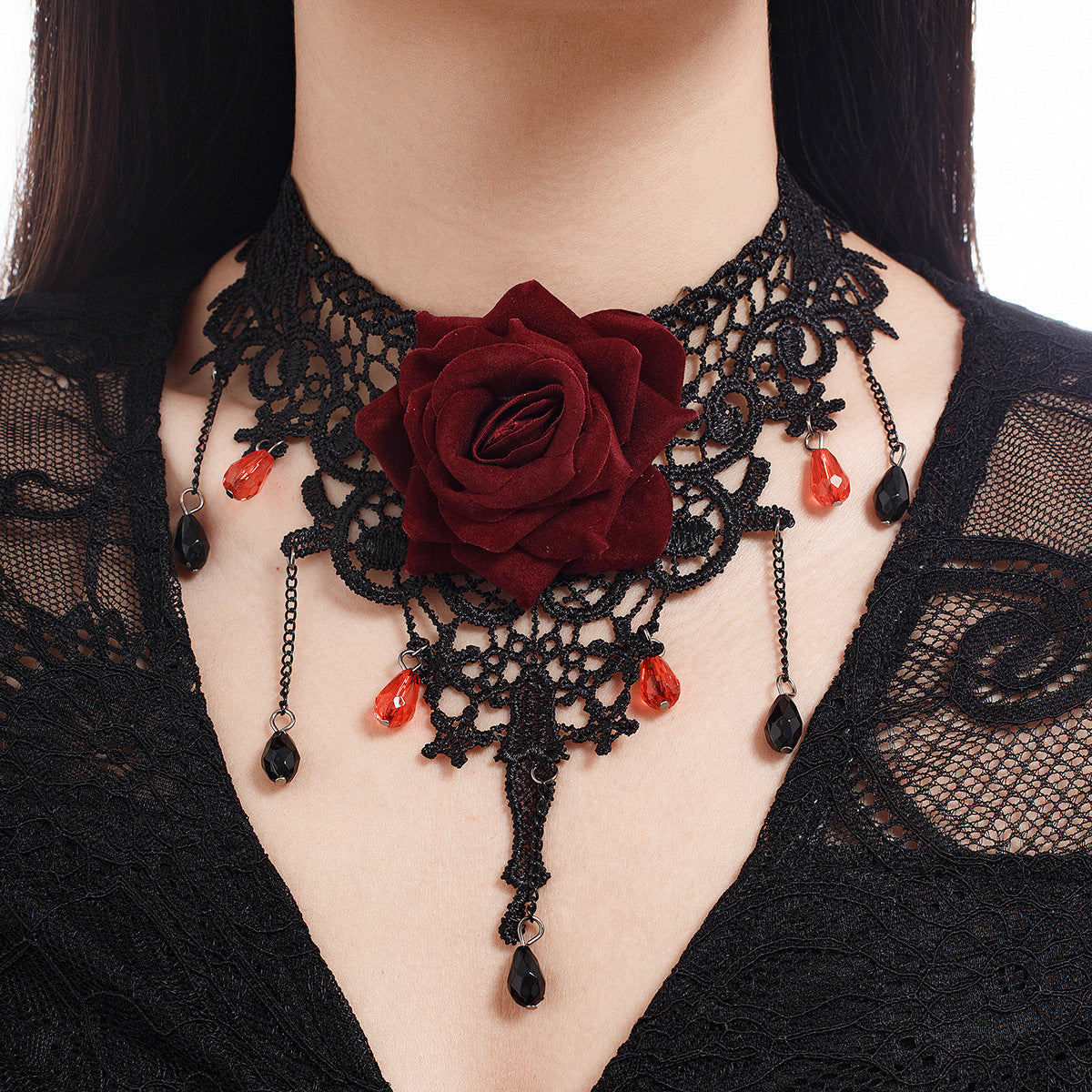 Gothic Girl Lace Red Rose Tassel Choker Necklace