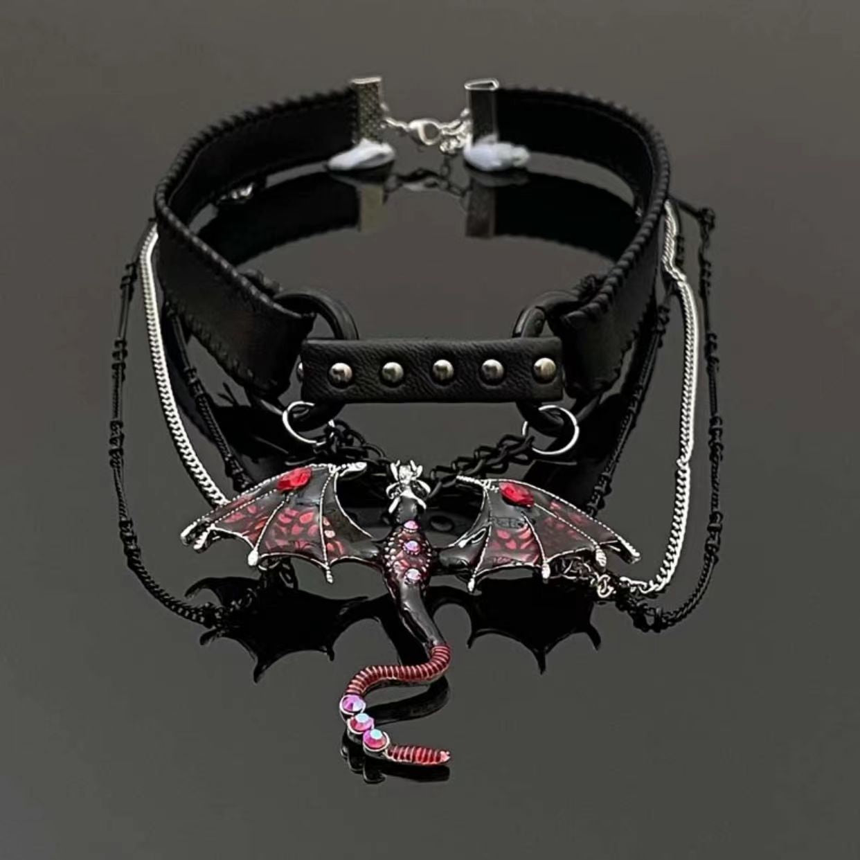 Y2K Gothic Punk Red Dragon Tassel Black Leather Choker Necklace